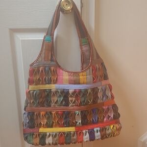 Red and Pink Ethnic-Inspired Leather Shoulder Bag